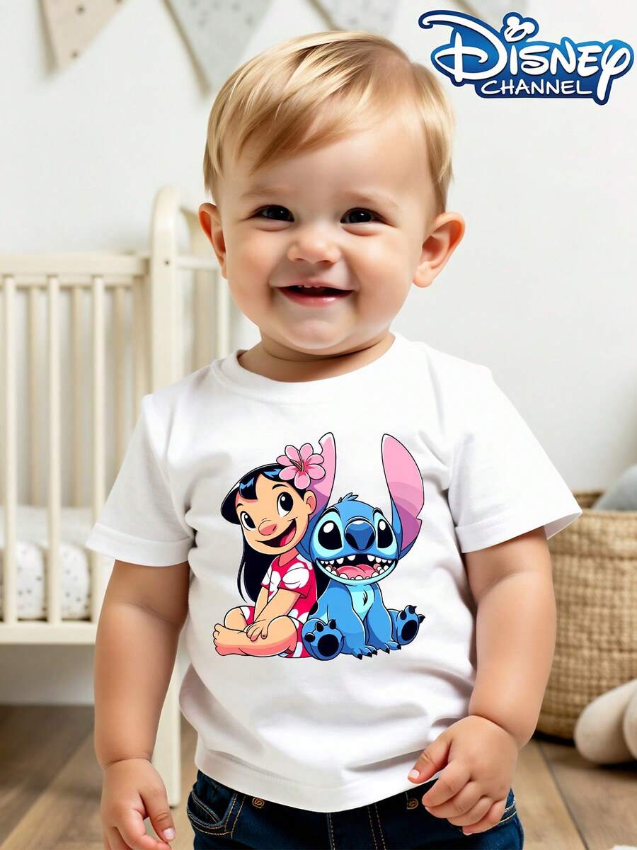 Disney's New Lilo And Stitch Co-Ed Adorable Illustration Print Design - Children's Clothing Design, T-Shirt, Everyday Wear, Casual And Cute, Comfortable And Loose, Suitable For Boys And Girls, Ideal For Parties And Playtime, Washable, Girls' Short-Sleeved Shirt, Gift, Clothing, Shirt, Patterned T-Shirt, Toddler Boy Clothes, Tops, Kids, Girls Clothing, Mommy And Daughter Matching Outfit. - 白色 - 查看 1