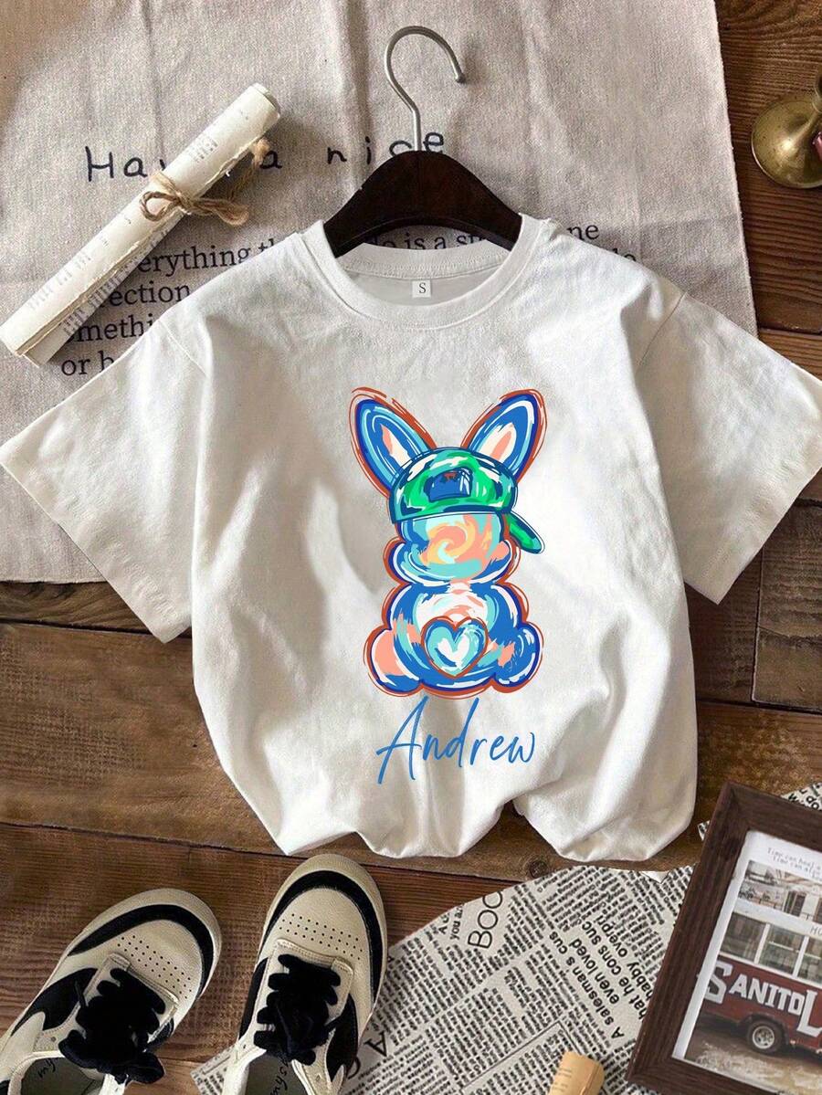 Short-Sleeved T-Shirt With Round Neck, 100% Cotton, Print, Lightweight And Breathable Fabric, Casual Fashion Style, Suitable For Daily Life, Casual Outings And Dates In Spring, Summer And Autumn - 白色 - 查看 1