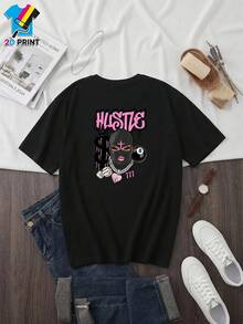 Camiseta manga corta cuello redondo 100% algodón, estampado trendy, tejido ligero y ventilado, estilo moda casual, apta para vida diaria, salidas informales y citas en primavera, verano y otoño - Negro - Ver 6