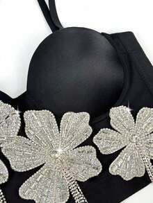Camiseta sin tirantes con flores brillantes y diamantes negros, top de corsé de columna vertebral sexy para mujer, informal de verano - Negro - Ver 6