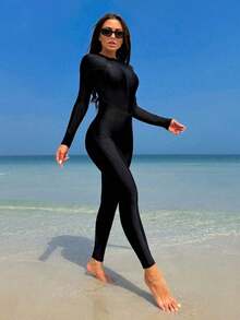 Bikinx Traje de baño de una pieza deportivo con cremallera frontal, manga larga, ajustado, con ribete de contraste de unicolor para vacaciones y playa en verano - Negro 2 - Ver 6