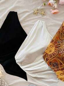 4 piezas Conjunto de blusas sin mangas de unicolor y hombros asimétricos versátiles para mujer, adecuadas para vacaciones - Multicolor 4 - Ver 5