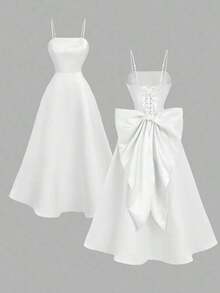 MOD Vestido de satén color albaricoque con lazo en la espalda y largo medio - Blanco - Ver 1
