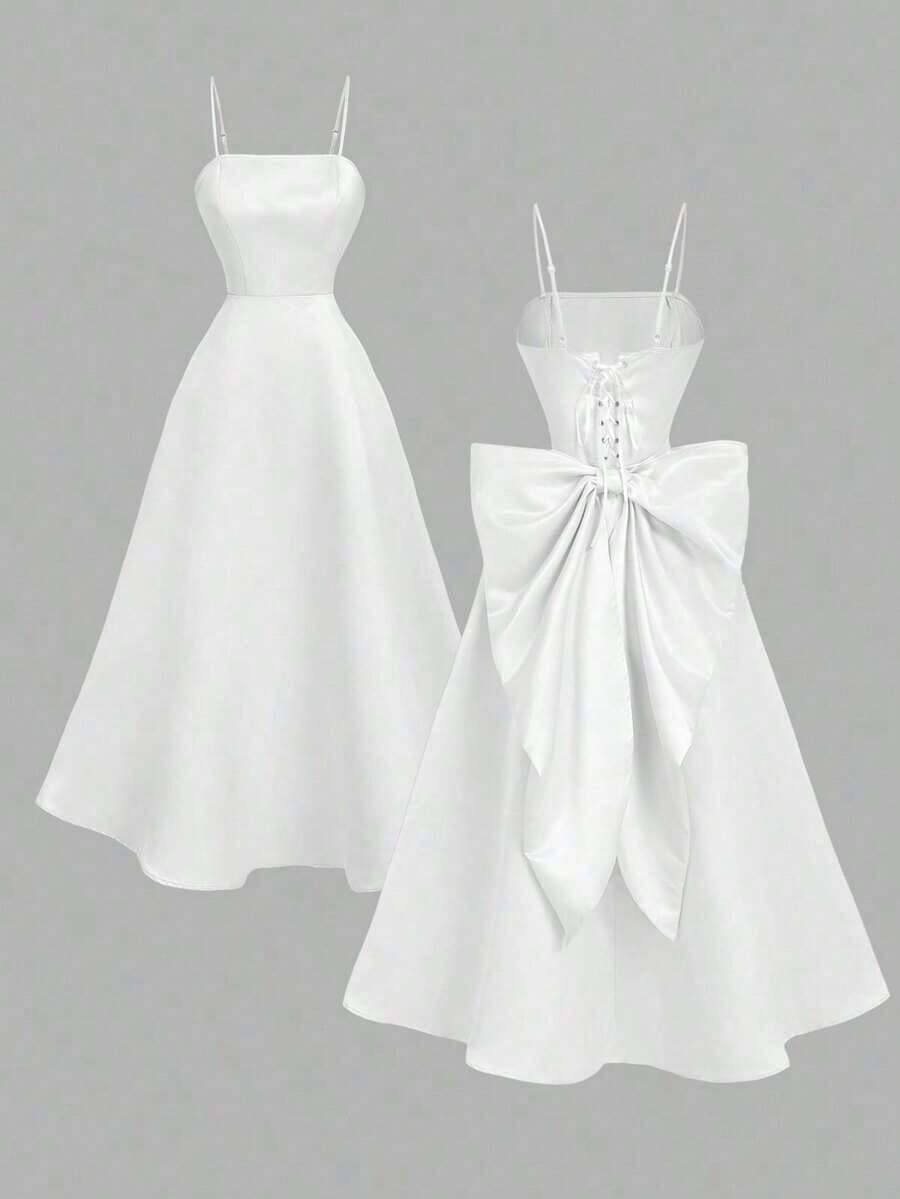 MOD Vestido de satén color albaricoque con lazo en la espalda y largo medio - Blanco - Ver 1