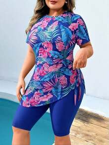 Swim  Conjunto de traje de baño de mujer talla grande con parte superior estampada al azar y shorts de unicolor, talla grande una falda pareo con cintura anudada - Azul 2 - Ver 3