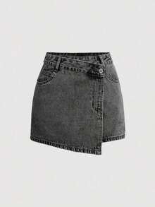MOD Pantalones cortos de mezclilla sencillos y lisos para mujer, shorts vaqueros de verano - Gris Oscuro - Ver 5