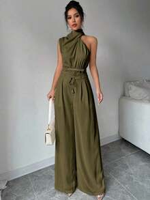 Conjunto de dos piezas para mujer con top de cuello apilado elegante color albaricoque y pantalones de pierna ancha, ropa de maestra, pantalones ligeros y cómodos, conjunto de dos piezas con top sin mangas asimétrico, adecuado para primavera, verano y otoño, conjunto de dos piezas con pantalones holgados, conjunto de dos piezas de diseñador, atuendo para mujeres para conciertos, vestido de noche elegante, adecuado para uso diario, fiestas, temporada de graduación, temporada de bodas, disfraces para actuaciones - Verde militar - Ver 6