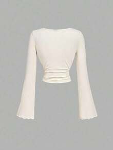 Conjunto de camiseta de manga larga ajustada con cuello de volantes, mangas acampanadas y plisadas en 3 colores - Albaricoque - Ver 2