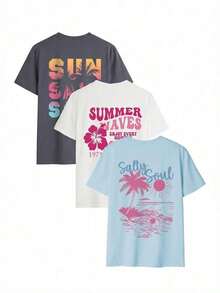 3 piezas Camisetas gráficas de estilo vacacional para mujer, de corte holgado, de manga corta y cuello redondo, ligeras y transpirables, impresas con "ALOHA", "ISLAND TIME", "TAKE ME TO THE MOUNTAINS", etc. , camisetas casuales bohemias, adecuadas para viajes a la playa, campamento, salidas de verano, picnic y uso diario - Multicolor 5 - Ver 2