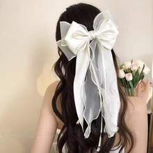 1 Piece Beige Mesh Oversized Bow Wave Ribbon Double-Layer Woven Ribbon Spring Clip Spring Elegant Gentle Half-Up Hair Clip Hair Accessory - Rice - View 4