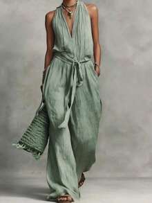 2026 New Fashionable And Simple Casual Lace Up Sleeveless Jumpsuit - Blue - View 2