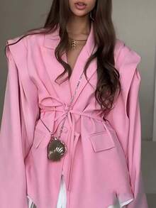 Blazer primavera 2026, color liso ajustado con cordón, estilo versátil elegante - Rosa - Ver 4