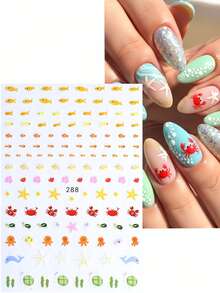 3D Cartoon Summer Nail Stickers 4pcs Cute Fish Jellyfish Sea Turtle Dolphin Seashell Tropical Hibiscus Flower Ocean Animal Design DIY Kawaii Self-Adhesive Gel Polish Decal Slider Nail Art Decoration Nail Supplies - Multicolor - View 4