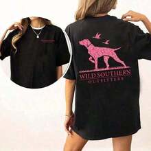 [100% Cotton] Pink Camouflage Print Dog Hunting Shirt, Wild Southern T-Shirt, Simply Printed Graphic Tee, New Comfortable Retro Cotton T-Shirt-L91 - 黑色 - 查看 1