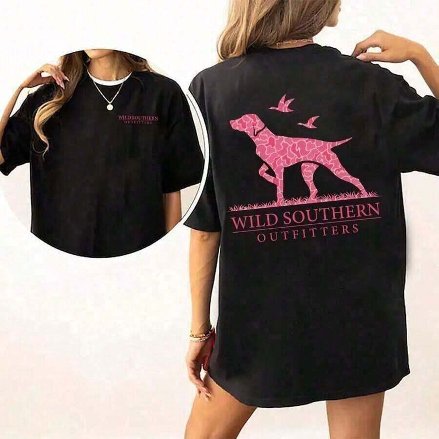 [100% Cotton] Pink Camouflage Print Dog Hunting Shirt, Wild Southern T-Shirt, Simply Printed Graphic Tee, New Comfortable Retro Cotton T-Shirt-L91 - 黑色 - 查看 1