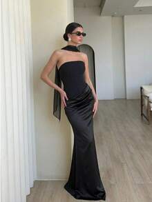 Vestido sirena largo suelo bandeau con cintura ajustada y combinación de satén, elegante y sensual para banquetes estilo moda europea femenina - Negro - Ver 3