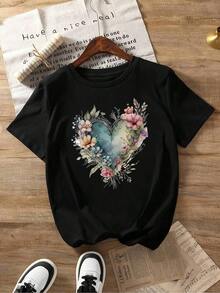 Camiseta con Estampado de Amor, Manga Corta, Cuello Redondo, Estilo Casual para Verano y Primavera, Ropa de Mujer - Estilo Vintage Urbano, Unisex, Camiseta Holgada de Algodón con Cuello Redondo y Manga Corta - Negro - Ver 1