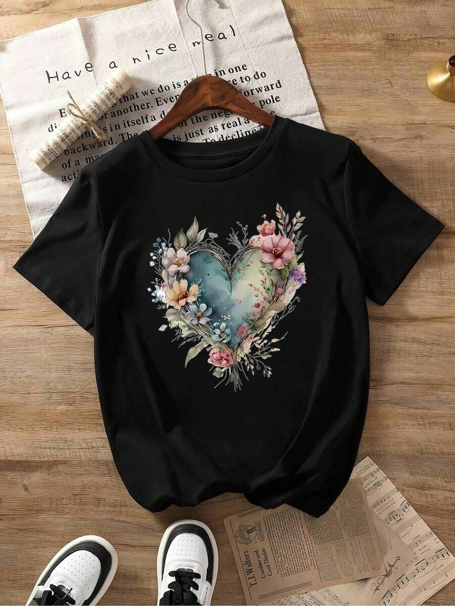 Camiseta con Estampado de Amor, Manga Corta, Cuello Redondo, Estilo Casual para Verano y Primavera, Ropa de Mujer - Estilo Vintage Urbano, Unisex, Camiseta Holgada de Algodón con Cuello Redondo y Manga Corta - Negro - Ver 1