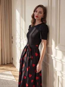 Vestido de verano de longitud media con estampado floral elegante y patchwork para mujer - Rojo y negro - Ver 3
