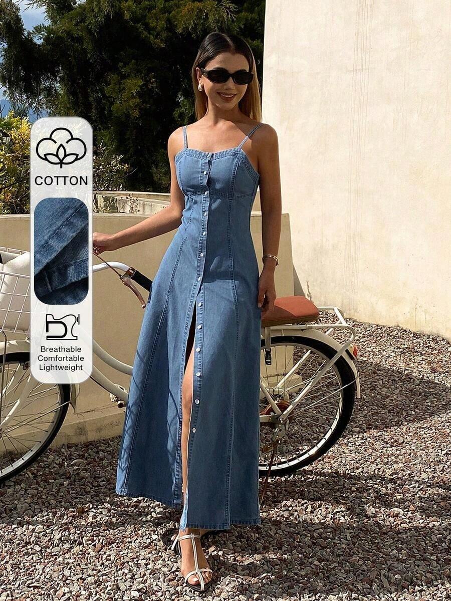 Vestido vaquero casual largo sin mangas con cintura ceñida para mujer - Azul lavado medio - Ver 1