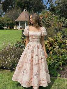 Vestido midi de mujer con cuello cuadrado retro, mangas abullonadas, cintura asimétrica y estampado floral, adecuado para primavera/verano, vacaciones, playa, era victoriana, jardín, fiesta, té de la tarde, boda, estilo fairy core - Multicolor - Ver 7