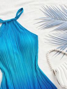 Vestido mini plisado con estampado ombré y cuello halter para mujer, ideal para fiestas, vacaciones, festivales de música, citas de verano, té de la tarde, playa, crucero. Vestido plisado azul, vestido ombré azul, vestido con cuello halter, vestido de vacaciones, vestido de playa, vestido plisado ombré, vestido azul de verano, vestido azul de playa, vestido de vacaciones azul, vestidos plisados, vestido oceánico, vestido azul de verano. - Multicolor - Ver 10