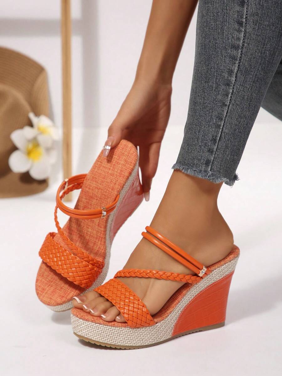 Women's Linen Platform Wedge Sandals, Summer Woven Stone Pattern Dual-Wear Orange Beach Vacation High Heel Slippers - Orange - View 1