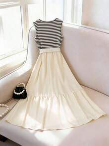 Vestido de punto a media pierna con diseño de parches a rayas para mujer, tela de unicolor, volante en el bajo. Diseño de vestido sin mangas, casual elegante, vestido de media pierna elegante para mujer - Multicolor 2 - Ver 8