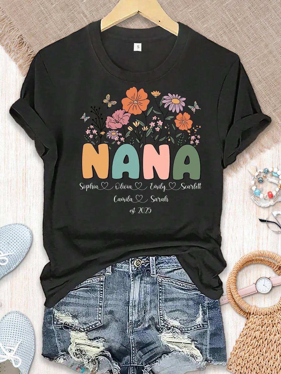 [Artículo Personalizado] Día de la Madre para Nana Camiseta Personalizada de Flores Silvestres para Nana, Camiseta Floral Personalizada para Nana, Camiseta para Nana con el Nombre de los Niños, Regalos del Día de la Madre, Regalos para Nana