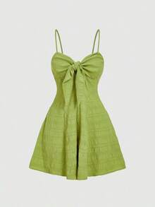 Mono de mujer de moda con lazo decorativo y tirantes en unicolor - Verde - Ver 2