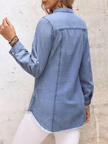 Camisa vaquera casual de mujer con cuello en V, abotonadura sencilla, dobladillo y puños - Azul - Ver 2