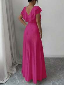 Vestido elegante y romántico de mujer con cuello en V, cintura con volantes y silueta en A - Rosa Fucsia - Ver 2