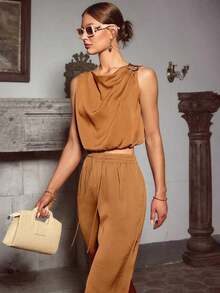 Sollinarry Conjunto de top sin mangas con cuello mao y hebilla metálica decorativa, y pantalones holgados con cintura ajustable con cordón, apropiado para salidas, vacaciones y festivales de música, elegante - Marrón - Ver 2
