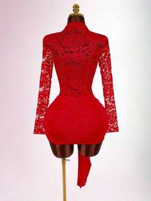 Blusa de encaje para mujer con vestido mini ajustado de tul rojo vintage con cordón en el bajo, estilo bohemio para fiesta - Burdeos - Ver 2