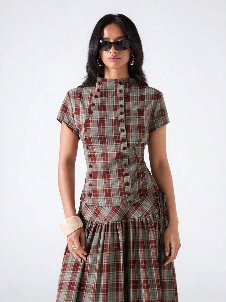 2026 Nueva llegada Minimalismo Primavera/Verano Moda casual para mujer Blusa de doble botonadura con cuello alto y manga corta/ Vacaciones de primavera /Cumpleaños para mujeres /Blusa para salir, Blusa amarilla - Multicolor - Ver 1