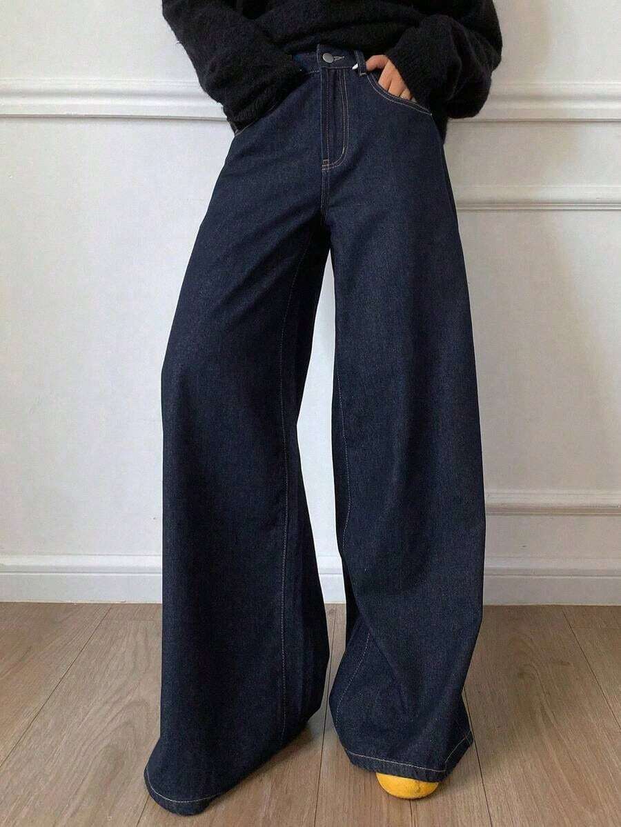 Jeans casuales de mujer de pierna ancha, unicolor, con bolsillo cargo suelto - Azul lavado oscuro - Ver 1