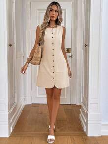 Vestido casual de botones con bolsillo, vestidos de verano para mujer, atuendos de vacaciones para mujer, atuendos de negocios casuales para mujer, vestidos elegantes para mujer, ropa de verano para mujer, ropa de trabajo para mujer, atuendos de of - Albaricoque - Ver 4