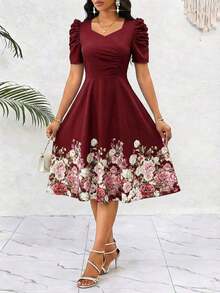 YHHSHEIN Lady Vestido de cambio con cuello de corazón con volantes y estampado floral azul eleganteYHH - Burdeos - Ver 6