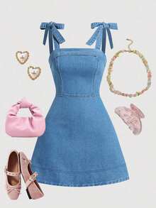 Vestido de mezclilla informal sin mangas con lazo en los hombros para mujer - Azul lavado medio - Ver 1