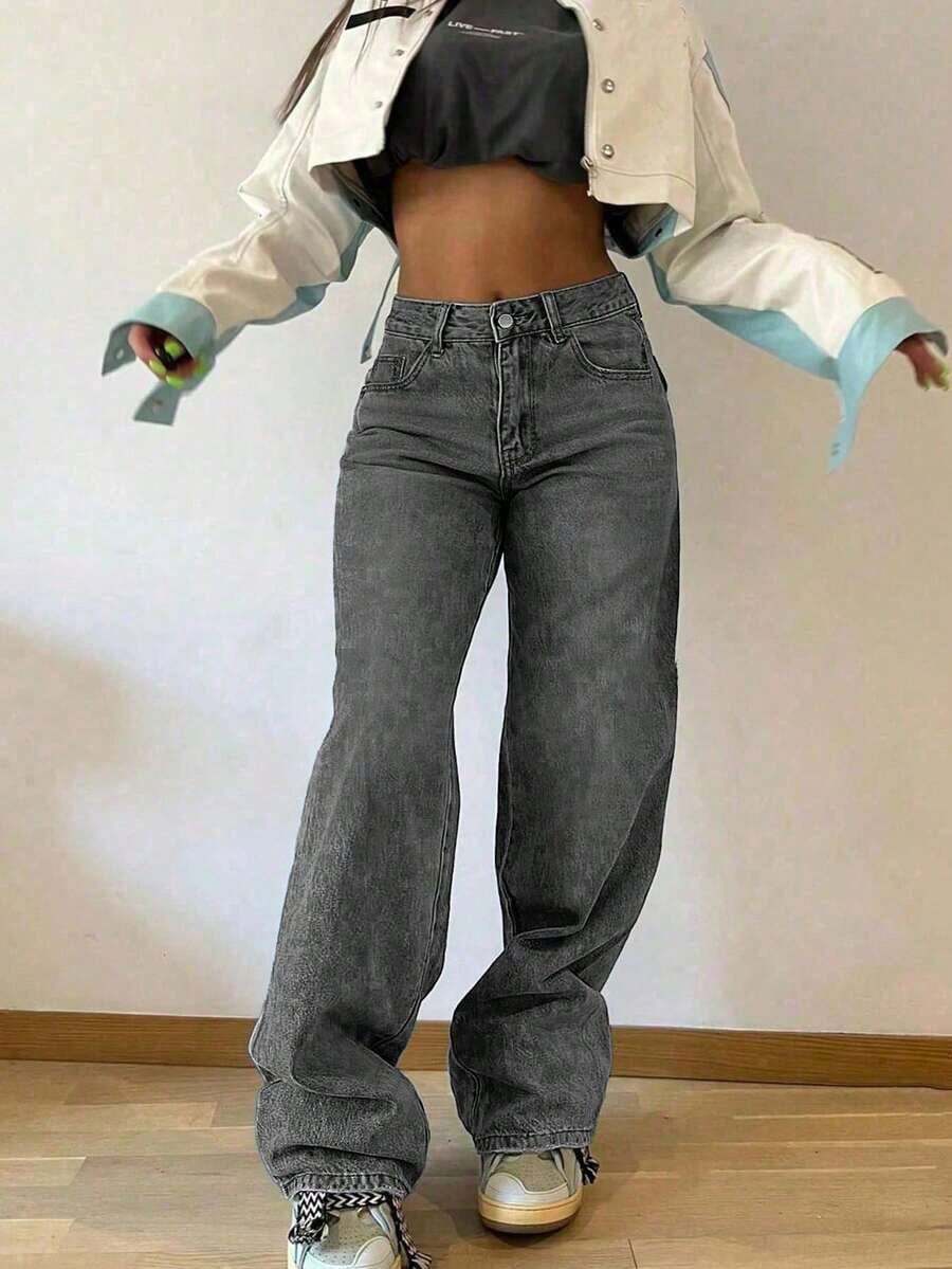 Jeans rectos holgados y apilados de estilo vintage para mujer, casuales para primavera - Gris Claro - Ver 1