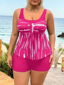 Swim Lushoire Conjunto de tankini con estampado total - Top y shorts negros para tallas grandes - Rosa Fucsia - Ver 7