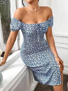 Vestido Con Estampado Floral De Hombros Descubiertos Con Abertura Y Cinturón En La Cintura - Azul 2 - Ver 6