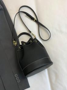 Bolso de cubo para mujer, bolso de hombro cruzado casual de paja con cordón - Beis - Ver 6