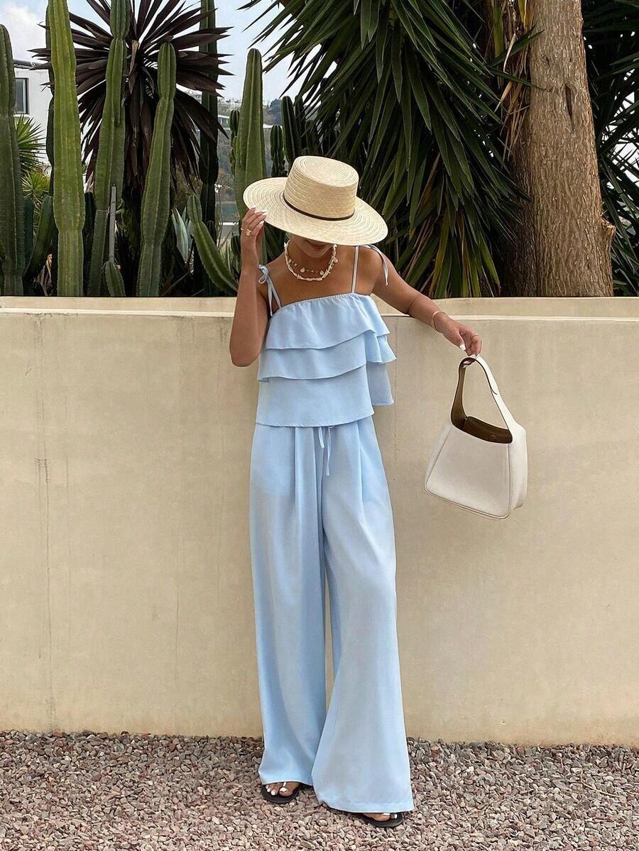 2026 2 piezas Conjunto de top con volantes y pantalones de cintura alta con lazo, conjunto casual de 2 piezas, conjunto de verano para mujer, conjunto de shorts para mujer - Celeste - Ver 1