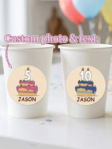 8/20/40pc Custom Birthday Cup Stickers, Personalized Name & Age Water Bottle Labels With Cartoon Candle Cake Design, Self-Adhesive Round Stickers, Celebration Labels, Baptism Invitations & Gift Wrapping Favors, Sweet Happy Birthday Party Decorations - Multicolor - View 2