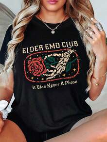 Camiseta de Mujer Manga Corta Cuello Redondo - Estampado de Mano de Esqueleto con Rosa y Frase 'El amor no es temporal', Tejido Suave y Cómodo, Ajuste Holgado, Estilo Emo Vintage y Casual para Primavera y Verano, Talla Grande - Negro - Ver 2