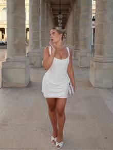 Vestido corto tirantes plisado con corsé, lazos espalda descubierta ajustado sensual moda - Blanco - Ver 6