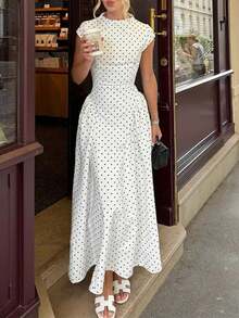Vestido largo primavera 2026, estilo francés lunares cuello redondo cintura marcada corte elegante - Blanco - Ver 8