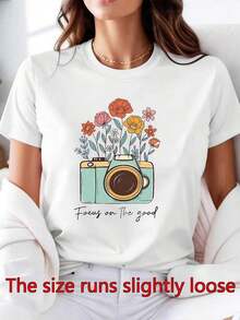 Women's 100% Cotton T-Shirt With Retro Camera Print And The Slogan "Focus On Beauty". Short-Sleeved, Round-Neck Top Made Of Pure Cotton With A Retro Camera Print, Spring/Summer Style, Ideal For Photo Shoots And Everyday Wear (Machine Washable). - 白色 - 查看 6