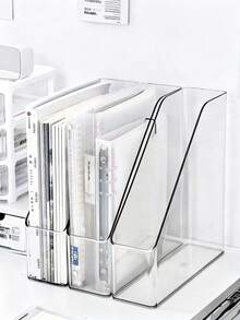 Organizador vertical de archivos, caja de almacenamiento de escritorio transparente de PET. Adecuado para revistas, carpetas, cuadernos, sobres y otros documentos. Organizador de archivos de escritorio multifuncional. Caja de almacenamiento para banco de trabajo. - A - Ver 6